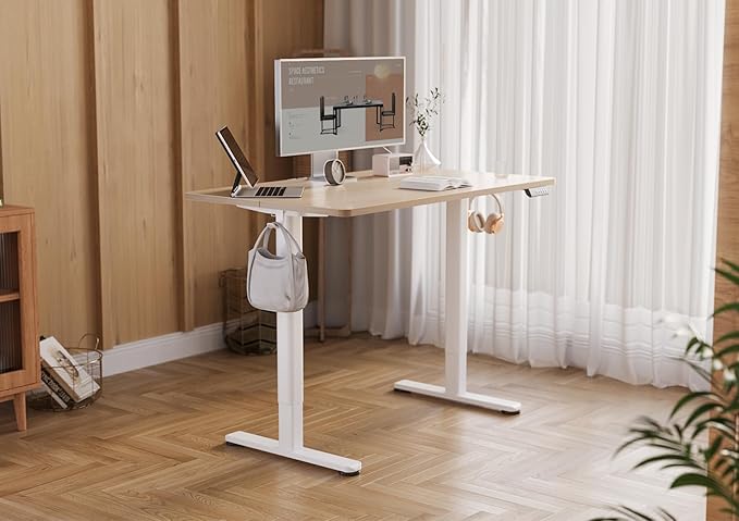 YDN Electric Standing Desk Adjustable Height, 55 x 24 Inches Stand up Desk with Cable Management, Home Office Desks with Splice Board & White Frame, Nature Top
