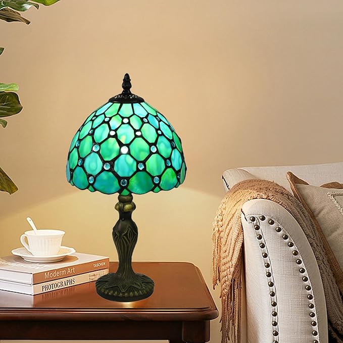 Tiffany Style Small Table Lamp,Green Beads Stained Glass 3 Color Temperature Antique Table Lamps,Bedside Nightstand Lamp for Bedroom,Living Room,Home Office, Include LED Bulb,8X8X15Inch
