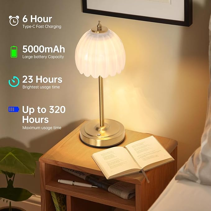 Set of 2 Cordless Table Lamp with 5000mAh Battery & Touch Control - 3 Adjustable Color Temperatures, Dimmable RechargeableTable Lamps for Bedroom, Office Desk, Nightstand (White Tulip)