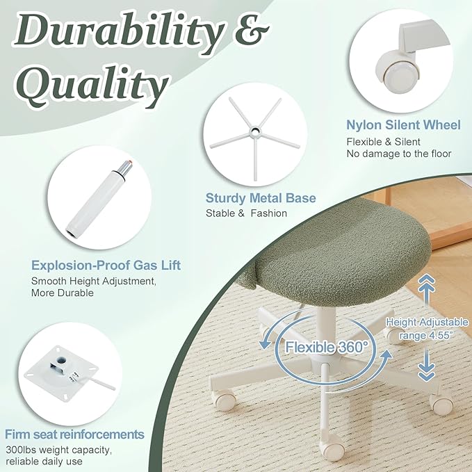 VINGLI Cute Candy Chair Armless Comfy Small Office Desk Vanity Chair with Wheels & Lumbar Support,Teddy Adjustable Rolling Swivel Computer Task Ch for Home Office,Bedroom,MintGreen