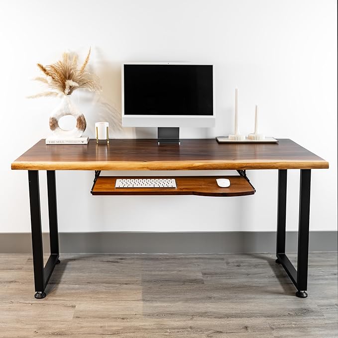 Solid Walnut Wood Computer Desk with Keyboard Tray – Live Edge Wooden Home Office Desks with Sturdy Metal Legs – Real Wood Table for Work, Study, or Gaming - 60” x 27”