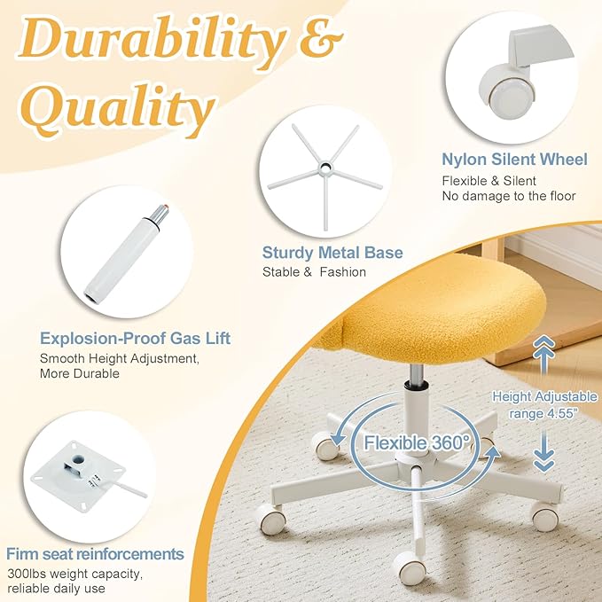 VINGLI Candy Chair Armless Cute Desk Chair,Comfy Small Office Chair with Wheels,Vanity Chair Lumbar Support,Teddy Adjustable Rolling Swivel Computer Task Chair for Home Office,Bedroom,Sunny Egg Yellow