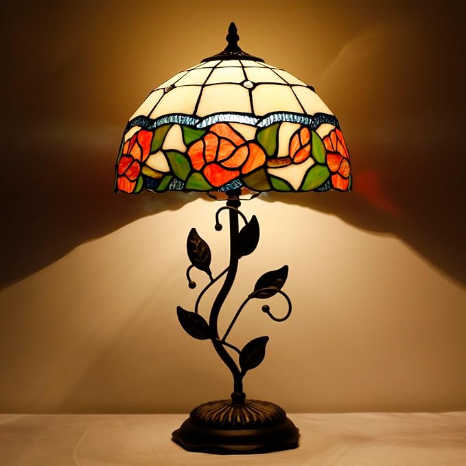 Tiffany Lamp Rose Flower Style Stained Glass Table Lamp Desk Bedside Reading Light 12X12X19 Inches with Metal Leaf Base Decor Bedroom Living Room
