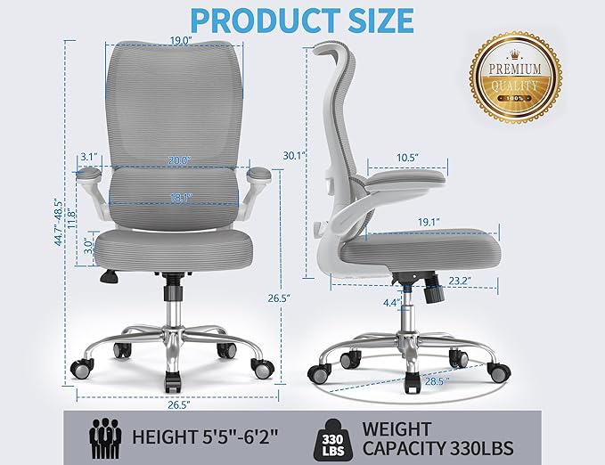 TRALT Ergonomic Office Chair - Desk Chair with Wave High Back Adjustable Lumbar Support Computer Chair - Gaming Chairs Mesh Backrest and PU Leather Seat for Home Reading Chairs to Adults(Grey)