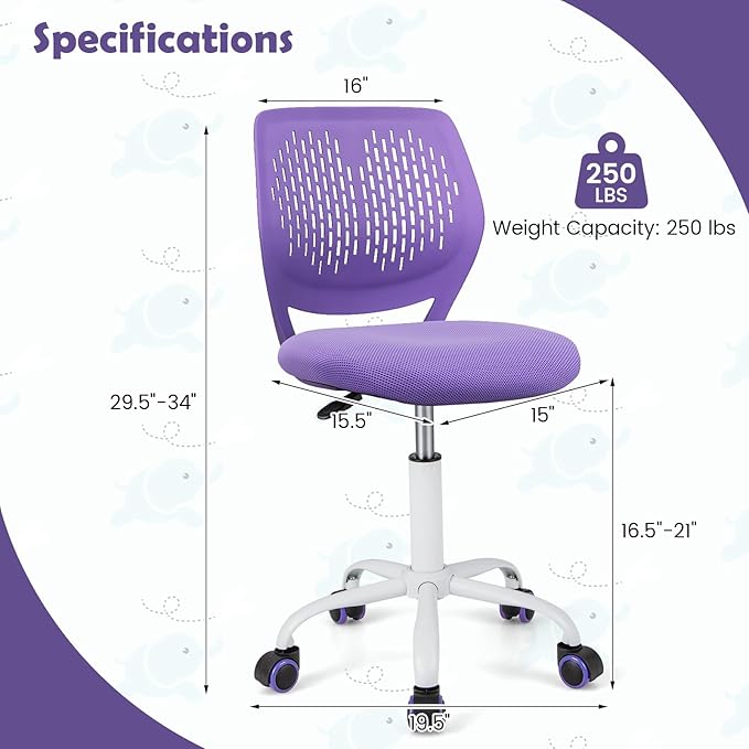 POWERSTONE Small Desk Chair with Wheels Home Office Chair Mid Back Armless Computer Task Chair Adjustable Swivel Rolling Chair for Small Space Purple