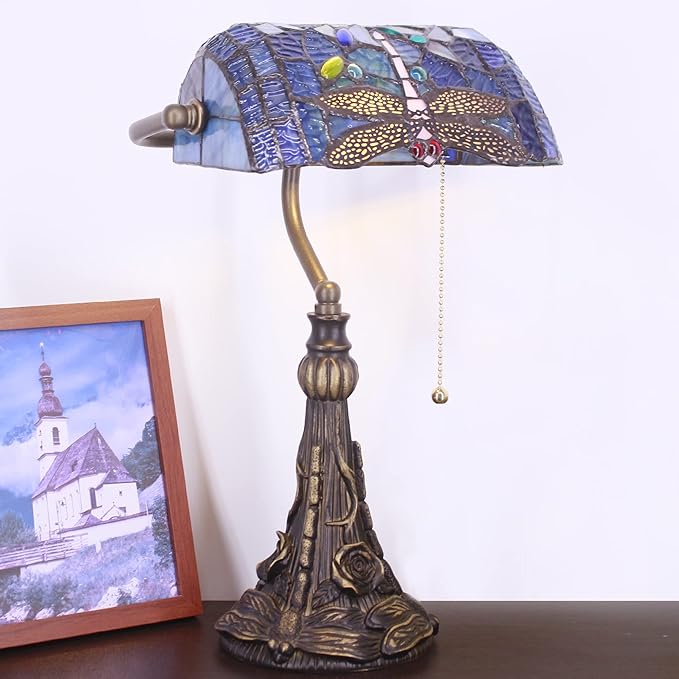 Tiffany Banker Lamp Small Stained Glass Table Lamp Tiffany Style Piano Light Blue Dragonfly Style Desk Lamp Angle Adjustable 10.6X15.7Inch for Home Office Living Room Bedroom