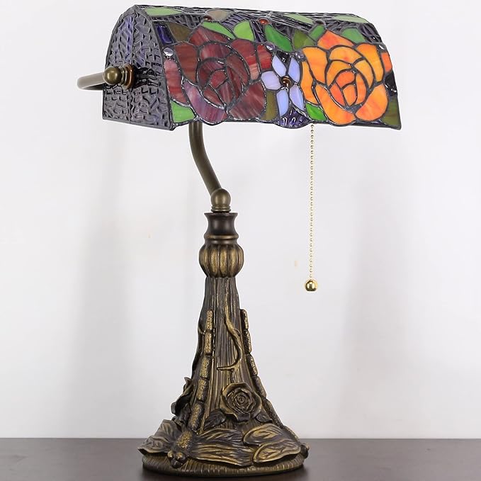Tiffany Banker Lamp Small Stained Glass Table Lamp Tiffany Style Piano Light Yellow Red Rose Style Desk Lamp Angle Adjustable 10.6X15.7Inch for Home Office Living Room Bedroom