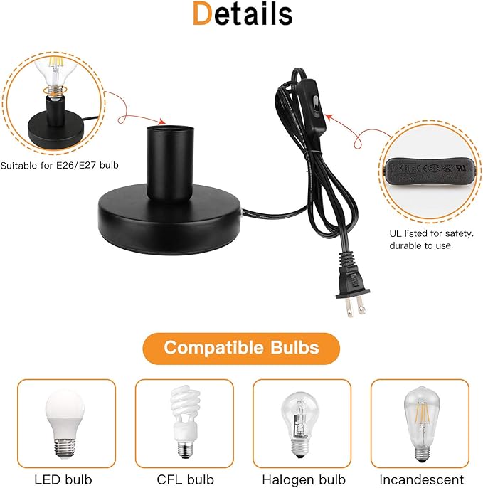 Helunsi Industrial Table Lamp Base, E26 E27 Lamp Base Without Shade, Mini Short Desk Lamp Exposed Bulb Base, Simple Metal Edison Light Bulb Stand, with 5.8ft Cord Switch Plug Bulb Base Holder (Black)