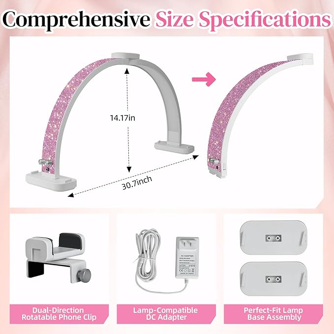 Half Moon Light for Nail Desk 31inch Half Moon Lamp Portable Ring Light for Eyelash Extensions,Suitable for Nail Beauty Crafts Sculpture Brightness Adjustable