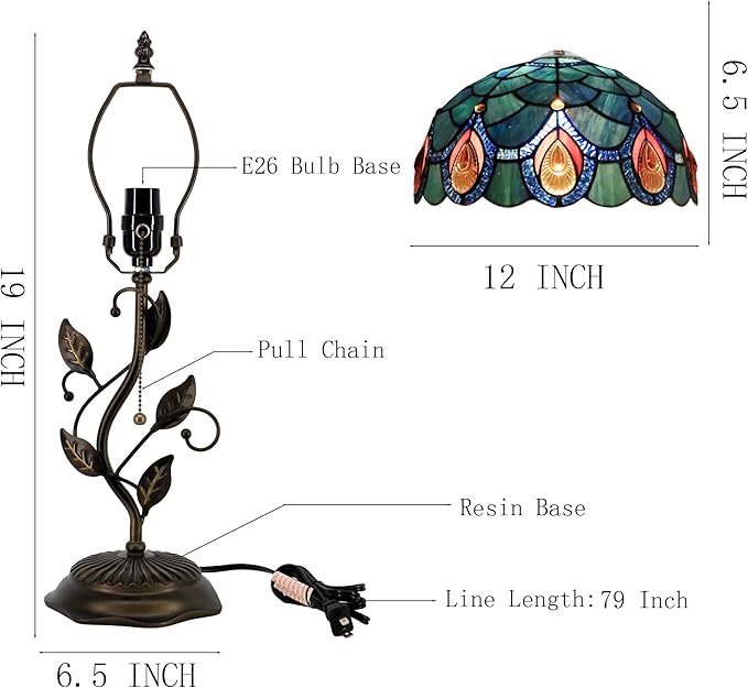 Tiffany Table Lamp, Stained Glass Style Desk Lamp, 12X12X19 Inch,Bedside Reading Light, Metal Leaf Base(Brown Crystal)