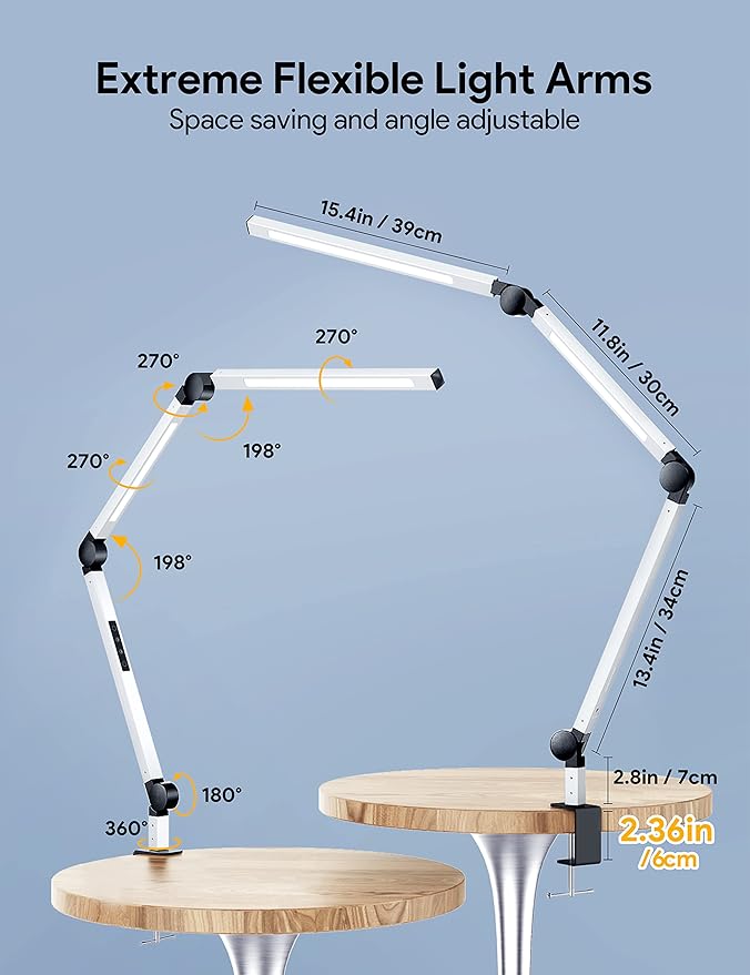 MediAcous LED Desk Lamp with Clamp, Dual Light Desk Lamp with Swing Arm, Dimmable 4 Color Modes & 4 Brightness Table Lamp, Eye-Caring Clip-on Lamp with Memory Function for Home Office, White