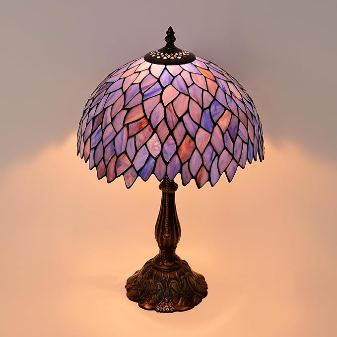 Tiffany Style Table Lamp Vintage Stained Glass Desk Lamp Deep Blue Purple Wisteria Bedside Reading Light Decor Bedroom Living Room Home Office D12 xH18