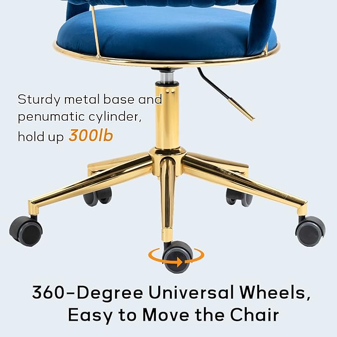 NIOIIKIT Velvet Office Desk Chair with Hand Woven Backrest, 360° Swivel & Height Adjustable Task Chairs, Makeup Chair, Living Room Chairs with Stainless Base and 5 Wheels (Navy)