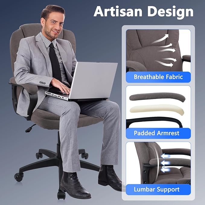 CLATINA Brown Cloth Office Chair Fabric Covered Desk Chair, Adjustable Height Swivel Chairs Ergonomic Executive Chair with Arms and Wheels Comfortable Upholstered, 350 LBS