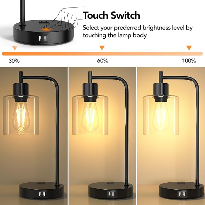 QiMH Industrial Touch Control Table Lampwith 2 USB Ports and AC Outlet, 3-Way Dimmable Bedside Nightstand Reading Lamps with Light Bulb, Glass Desk Lamp for Bedroom, Office