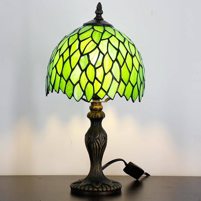 Small Tiffany Lamp Stained Glass Table Lamp Mini Desk Accent Light for Bedroom Bedside Reading Home Antique Style Decor 8X15 Inches (Green Wisteria)