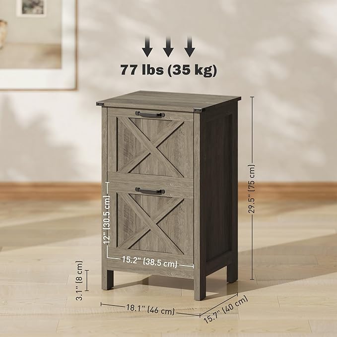 HOMCOM 2 Drawer Vertical File Cabinet with Silent Slides, Rustic Farmhouse Filing Cabinet with Barn Doors for A4/Letter Size, Printer Stand with Storage for Home Office, Distressed Gray