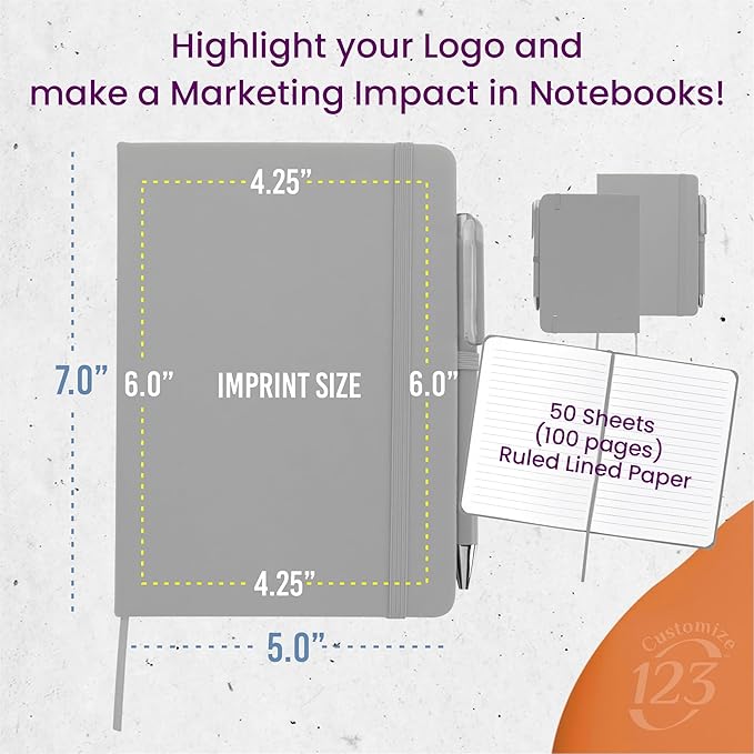 Personalized Notebook Journal – 5” x 7” Customized Notebook with Name, Text or Logo - 100 Page Custom Journal. Leatherette Hardcover & Pen - Gray 75 Pack