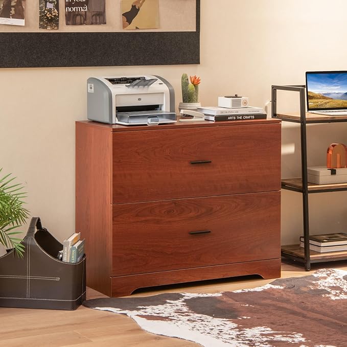 Giantex Office File Cabinet 2 Drawer - Lateral Filing Cabinet w/Anti-Toppling Device, Hanging Bars, Home Office Furniture for Hanging File Folders A4/Letter/Legal Size, File Storage Cabinet (Walnut)