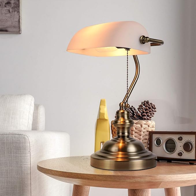 Newrays White Matted Glass Bankers Desk Lamp with Pull Chain Switch Plug in Fixture