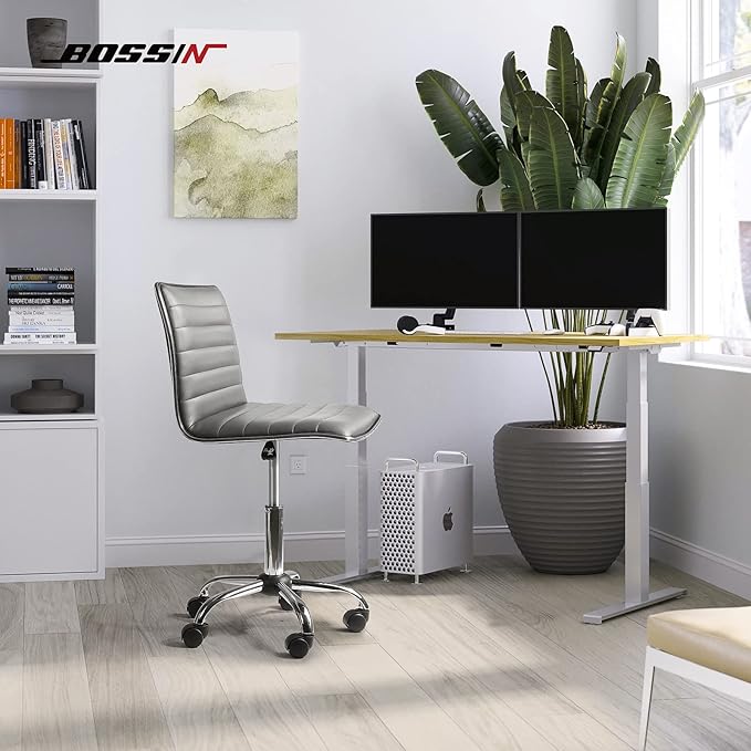 BOSSIN Adjustable Home Office Chair, Mid-Back Armless Ribbed Swivel Task Chair,Vanity Chair for Small Space, Living Room, Make-up, Studying (Gray)