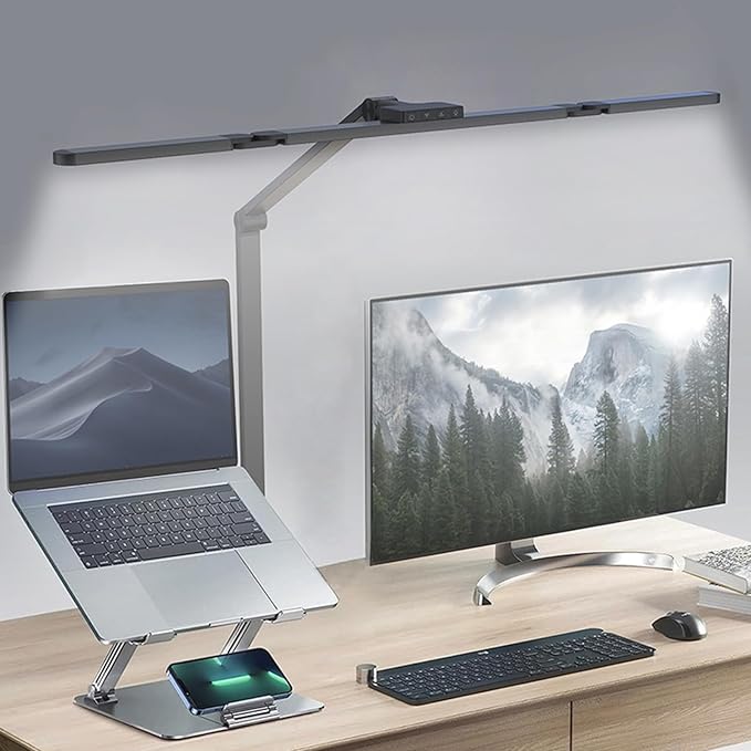 YS-TL23070 Full Spectrum Desk Lamp – Sun Lamp 24W Eye-Care Desk lamp, CRI≥95, 2700K to 6500K Color Temp, Stepless Dimming, Flicker-Free, Low Blue Light, Touch & Remote Control, for Study & Office
