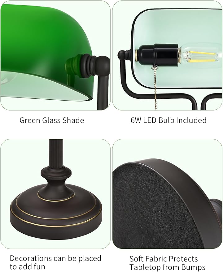 Traditional Banker's Desk Lamp with Glass Shade,Pull Chain Switch, LED Bulb Included (Antique Black+Green)