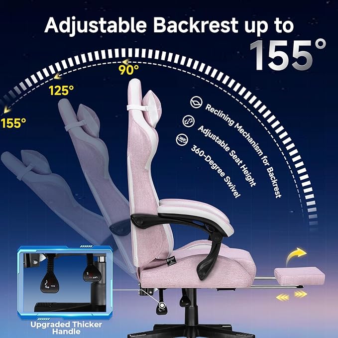 GTPLAYER Gaming Chair, Video Game Chairs with Footrest and Lumbar Support, Computer Chair for Adults with Extended Backrest, Ergonomic Reclining Silla Gamer, Linen Fabric, Pink