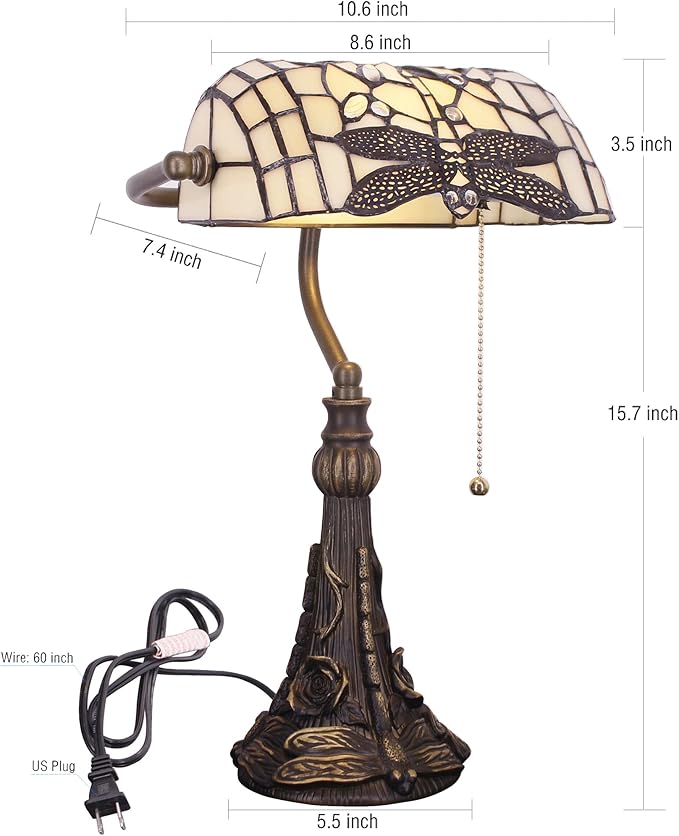 Tiffany Banker Lamp Small Stained Glass Table Lamp Tiffany Style Piano Light Cream Dragonfly Style Desk Lamp Angle Adjustable 10.6X15.7 Inch for Home Office Living Room Bedroom
