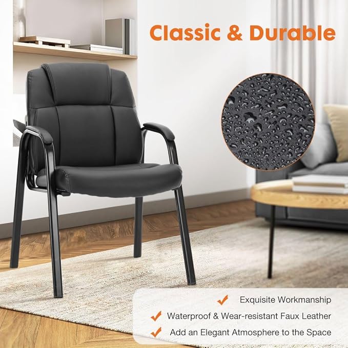 PU Leather Conference Room Chair, Tall Back Chairs with with Padded Arms and No Wheels, Guest Chair for Reception Waiting Room Black