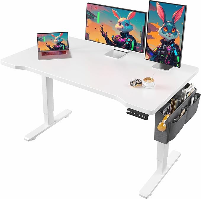 EnHomee 48 x 24 Inches Electric Standing Desk with Light Strip, Stand up Desk with Memory Preset, Height Adjustable Desks for Work Home Office, Computer Desks with Detachable Side Mount Pocket, White