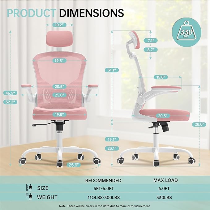 Office Chair Ergonomic Desk Chair, 330LBS Capacity, High Back Computer Chair for Long Hours Comfortable, Rolling Swivel Executive Task Chair for Home Office with Flip-up Armrests(White Pink)