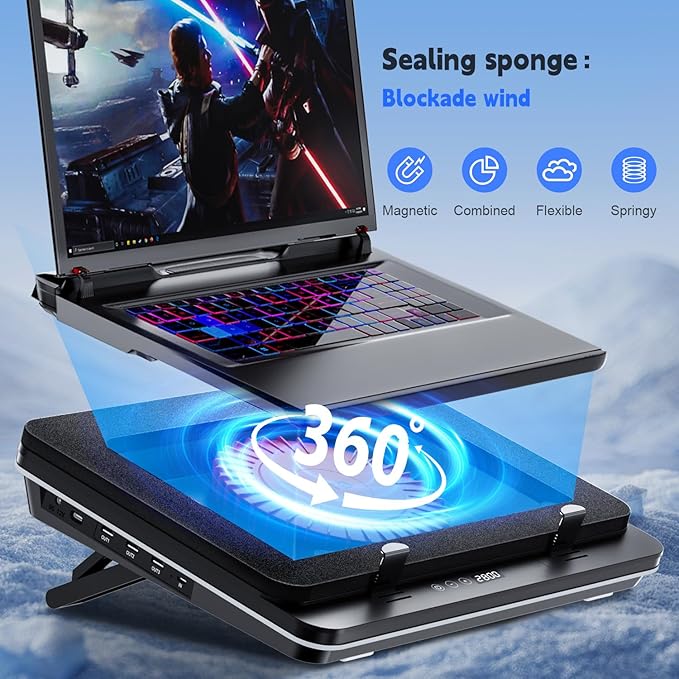 GT600 Laptop Cooling Pad Equipped with Gigantic Turbo-Fan(5.5inch Diameter),Sealed Foam for Rapid Cooling Gaming Laptop,14.1-19.3 inch Laptop Cooler with 3-Port USB Hub,Dust Filter,Touch Start