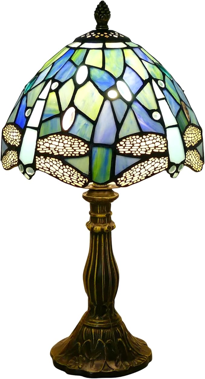 Tiffany Lamp Sea Blue Stained Glass Table Lamp 8X8X15 Inches Dragonfly Style Desk Reading Light Decor Beside Table Lamp for Bedroom Living Room Home Office