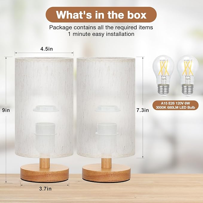 Small Lamps Set of 2 - Inline Control, Bedside Table Lamp for Bedroom with 3000K A15 LED Blub, Easy Assembly (Cream Shade - Wood Base Set of 2, 9" Inline Control)