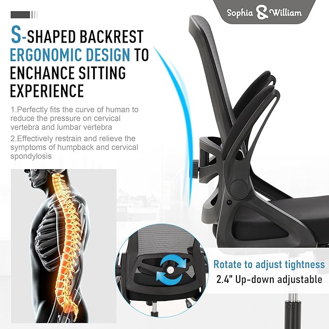 Sophia & William Ergonomic Mesh Office Desk Chair High Back, 360° Swivel Rocking Executive Computer Chair with Flip-up Armrests, Height Adjustable Lumbar Support, Black, Load Capacity: 300 lbs