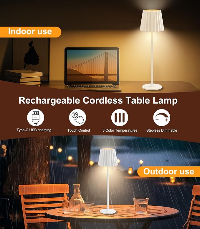 Desk Lamp, LED Cordless Table Lamp for Bedroom Dimmable 1500mAh Rechargeable Battery Powered Bedside Lamps Night Light for Bedroom/Living Room/Restaurant/Outdoor Parties Touch Control
