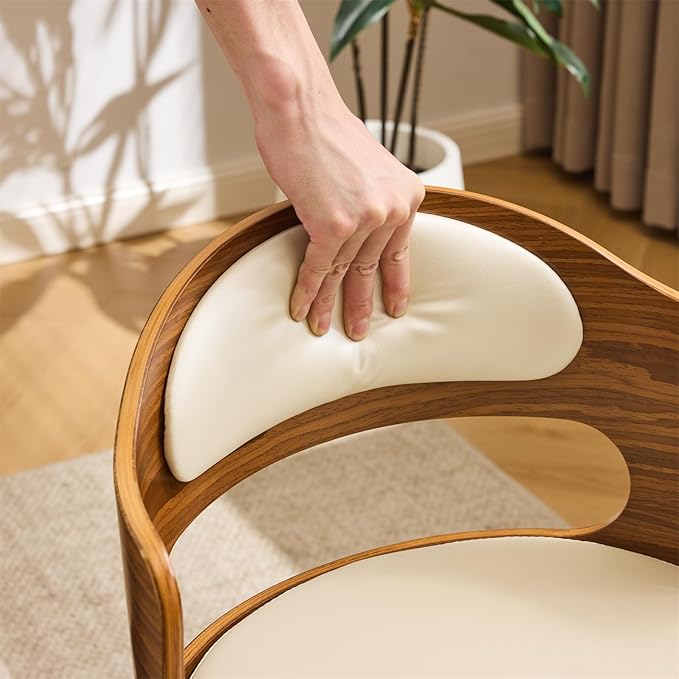 VINGLI Armless Home Office Desk Chair, Adjustable Swivel Chair,Dual-Use with/no Wheels,Small Retro Designed Walnut Curved Task Chair,Cushioned Nail Tech Chair for Study Area,Workspace,PU,Ivory White