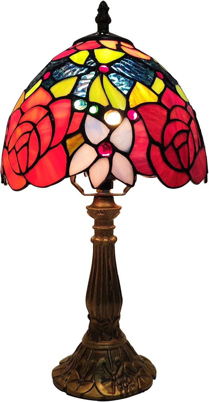 Small Tiffany Table Lamp 8 Inch Tiffany Style Desk Lamp Stained Glass Antique Light Decoration Bedroom Bedside Lamp Retro Reading Lamps (Red Roses Flowers Style)