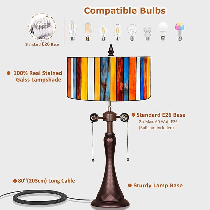 Tiffany Style Table Lamp,Red 14 inch Stained Glass Table Light,Antique Style 2-Lights Large Desk Beside Reading Lamp for Living Room Bedroom Office