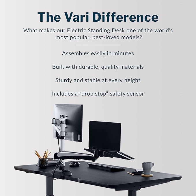 Vari Classic Electric Standing Desk - VariDesk Height Adjustable Sit/Stand Desk - Dual Motor with Memory Presets, Stable T-Style Legs - Gaming or Home Office Workstation - 60”x30”, Black