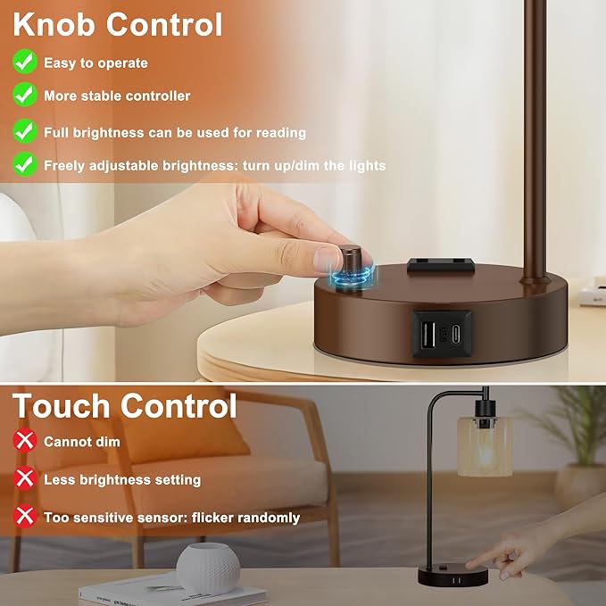 Innqoo Industrial Table Lamps for Bedrooms Set of 2 - Fully Dimmable Bedside Lamps with USB Ports and Outlet, Brown Nightstand Lamps with Glass Shade for Living Room, Desk Lamps for Office Reading
