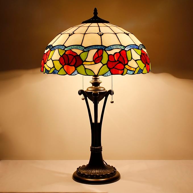 Tiffany Table Lamp Red Rose Flower Style Stained Glass Desk Lamp 16X16X24 Inches Reading Light