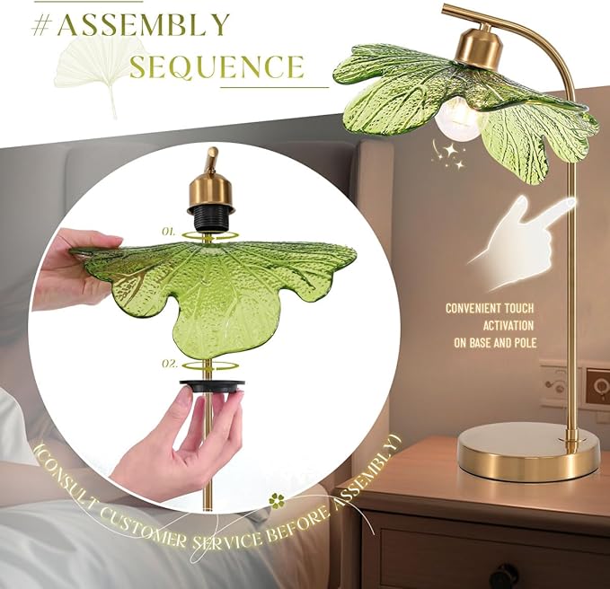 touch Table Lamp set of 2, Mid Century Modern Table lamp Gold Desk lamp tall table lamp nightstand lamp with Green Glass Flower Shade Bedside Table Lamp for end table Bedroom Living Room Office