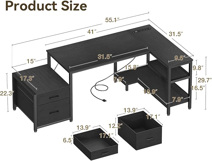 Casaottima L Shaped Desk with Drawers & File Cabinet, Computer Desk with Storage Shelves & CPU Stand, Corner Desk with Power Outlets, Reversible L Desk for Gaming, Home Office, Black