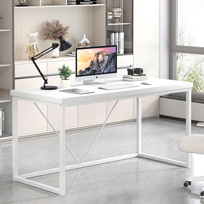EXCEFUR Home Office Desk, Modern Wood Computer Desk, Wood Study Writing Table, Simple Gaming Executive Desk Workstation for Bedroom Living Room, White, 53 inch