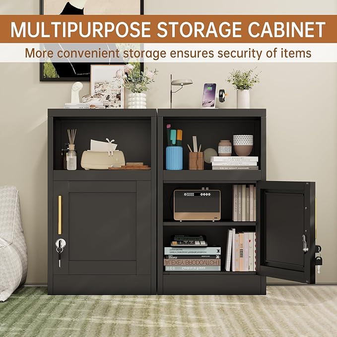Metal Black Nightstand with Lockable, 27.56" Small End Table Storage Cabinet with Door and Adjustable Shelf, Versatile Side Table for Bedroom, Living Room or Office (Black)