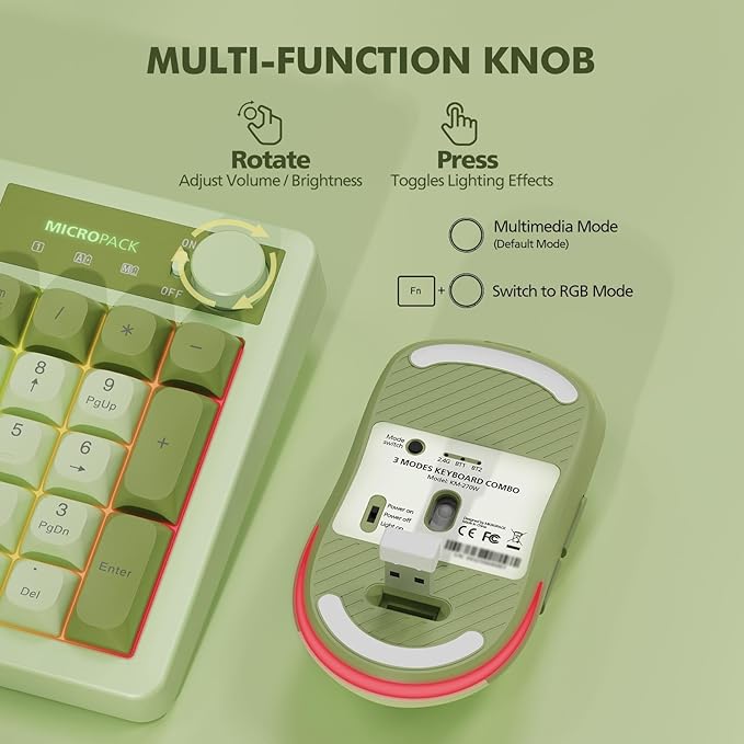 Wireless Keyboard and Mouse Combo Creamy with Number Pad for Desktop Mac iPad Bluetooth/2.4ghz/Wired Rechargeable Light up RGB Quiet Compatible with PC Laptop Tablet (Green)