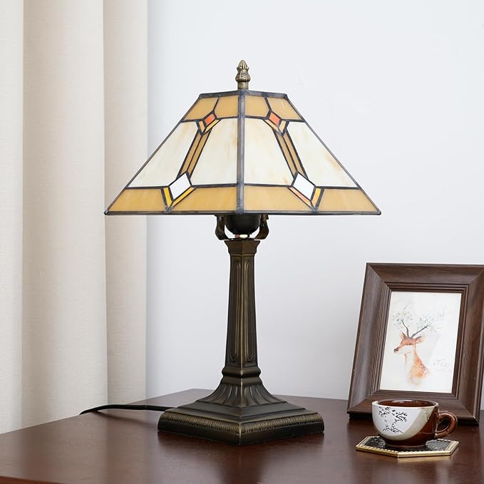 Tiffany Table Lamp Mission Style Stained Glass Table Light Yellow Antique Desk Lamp Vintage Beside Reading Lamp for Home Living Room Bedroom Office