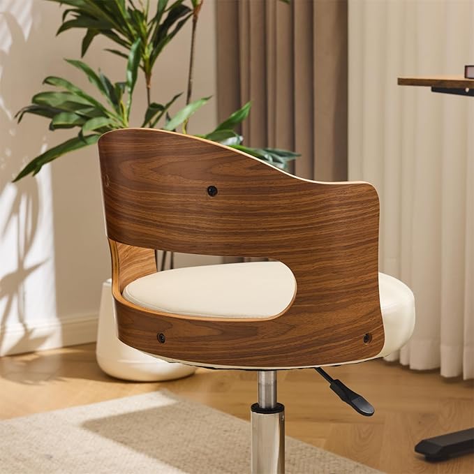 VINGLI Armless Home Office Desk Chair, Adjustable Swivel Chair,Dual-Use with/no Wheels,Small Retro Designed Walnut Curved Task Chair,Cushioned Nail Tech Chair for Study Area,Workspace,PU,Ivory White